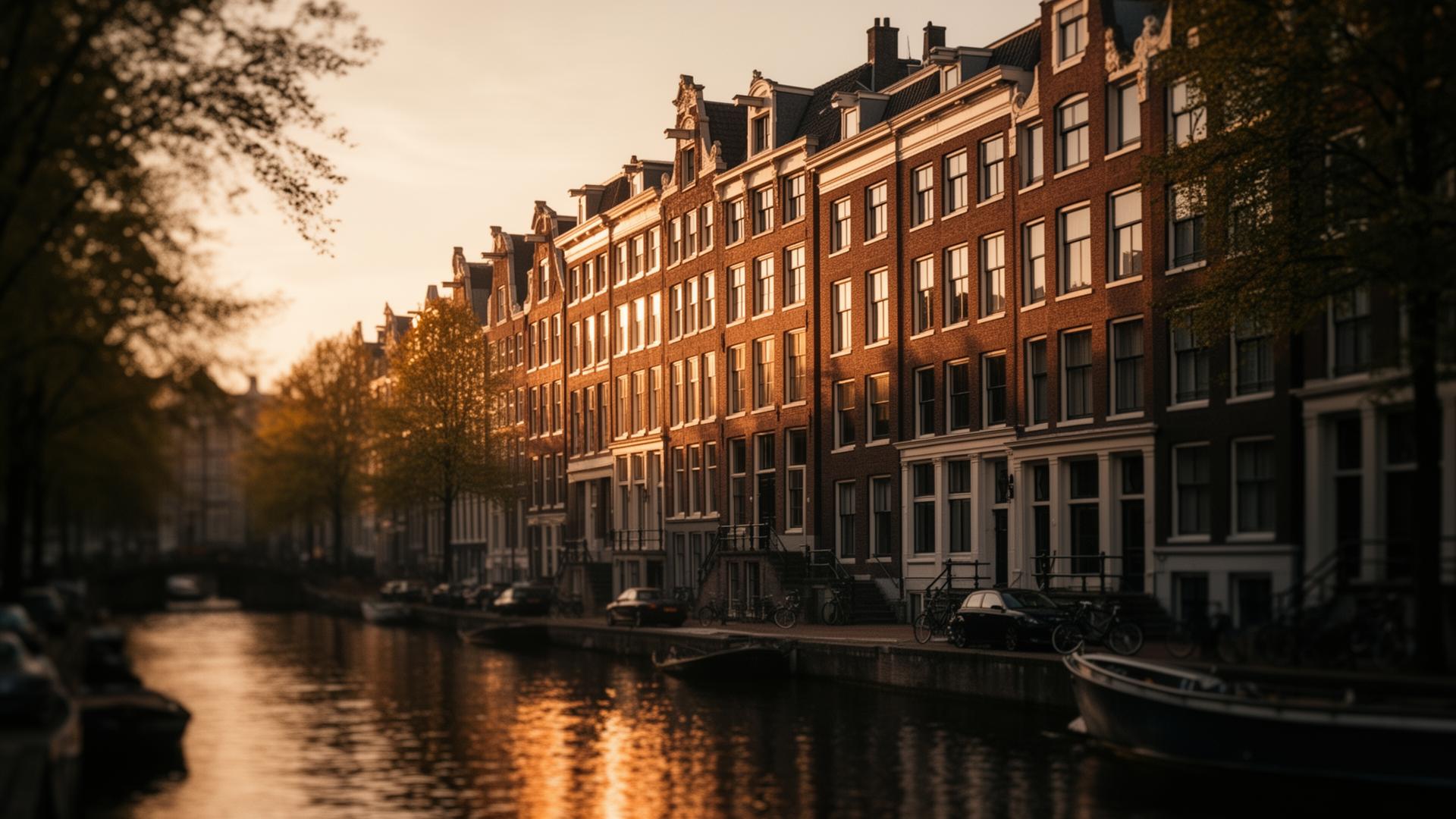 Amsterdamse grachtenpanden in gouden avondlicht