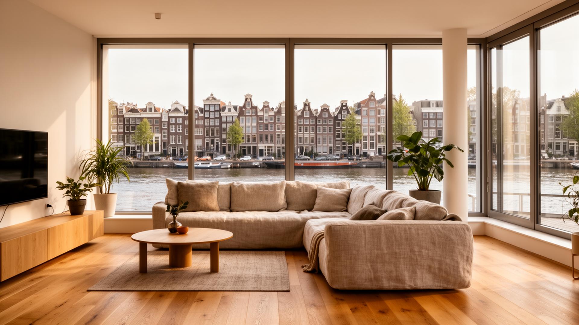Modern Amsterdams interieur met uitzicht op de grachten